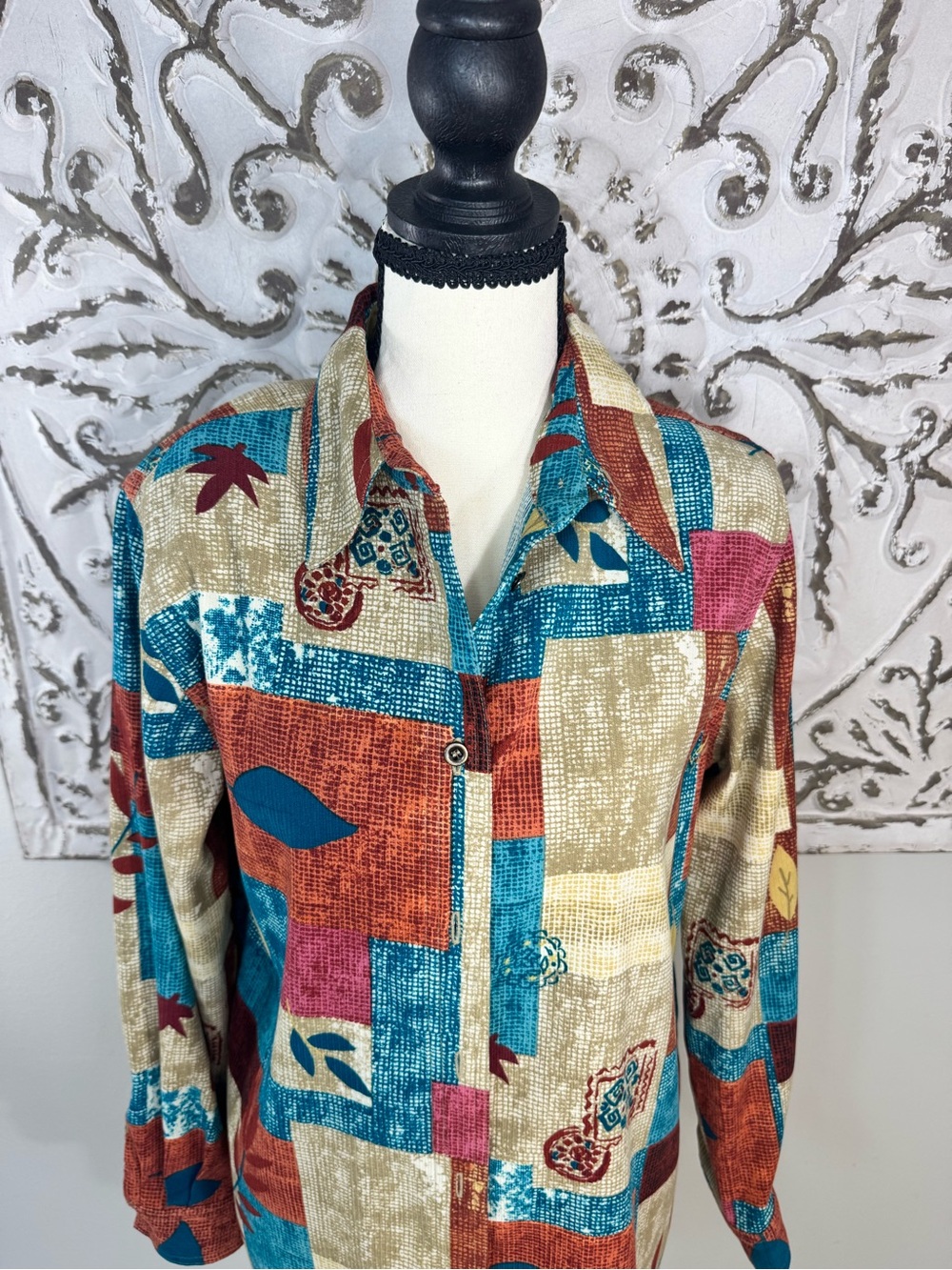 Koret Petites Multicolor Patchwork Button Front Blouse Teal Rust Tan Retro Artsy